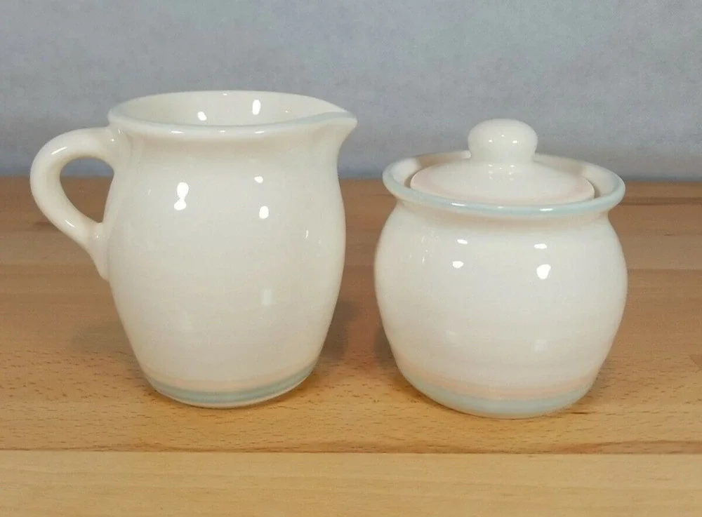 Pfaltzgraff Creamer & lidded Sugar 024 Sunrise pattern Blue and Rose Stripe
